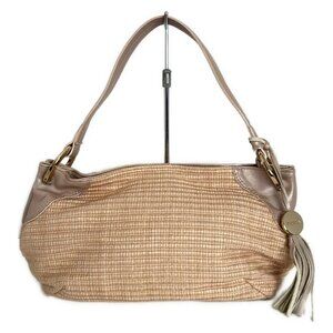 Auth FURLA - Pink Beige Beige Leather Straw Shoulder Bag
